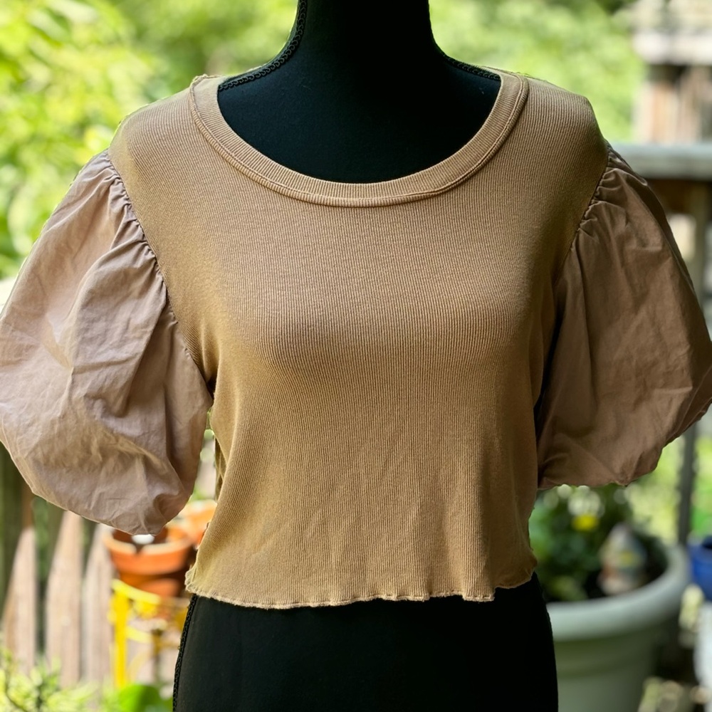 Pol Beige Puff Sleeve Mixed Media Crop Top